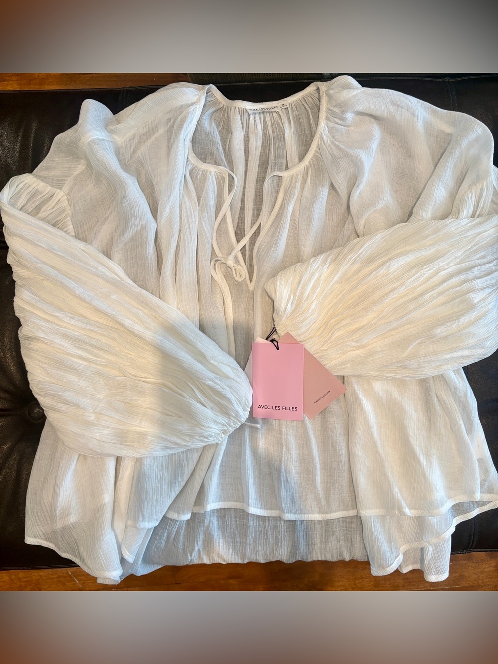Avec Les Filles White Sheer chiffon Tie-Neck front Balloon Sleeve Blouse